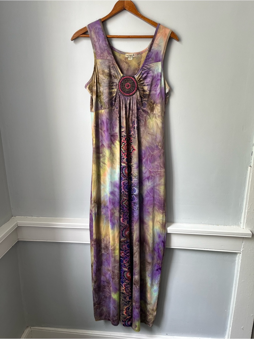 One World Bohemian Beaded Purple Brown Tiedye Maxi Dress PM